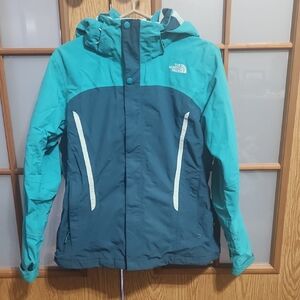 The North Face Womens Turquoise and Dark Blue 3 In 1 Winter Hooded Snow Jacket